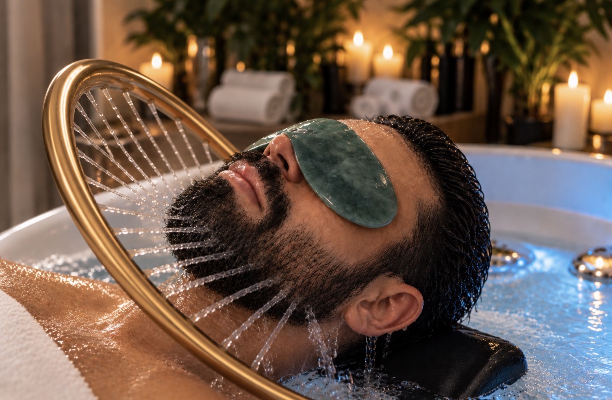Bearded guest with a jade eye mask relaxing under the water ring during a beard detox