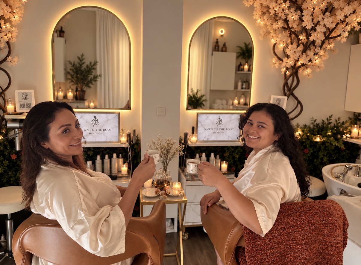 Two guests in robes enjoying tea in the candlelit head spa lounge